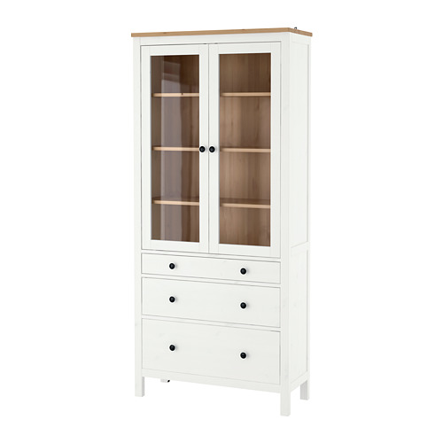 HEMNES, glass-door cabinet with 3 drawers