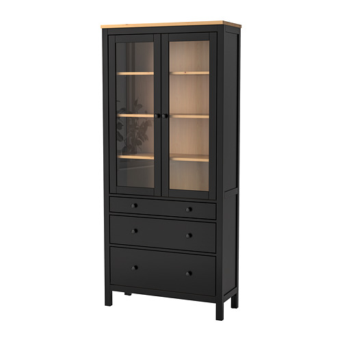 HEMNES, glass-door cabinet with 3 drawers