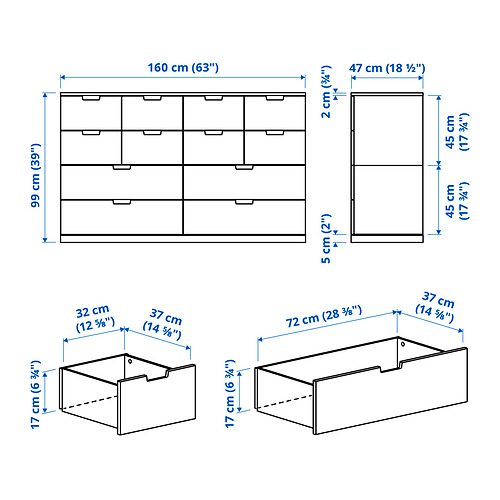 NORDLI kommóða, tólf skúffur