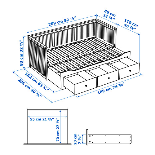 HEMNES sófarúm með þremur skúffum, grind