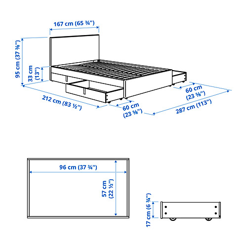 GLADSTAD upholstered bed, 4 storage boxes