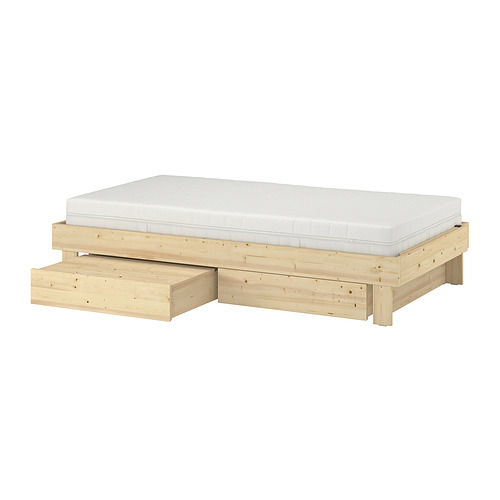 GLAMBERGET, bed frame with storage and mattress