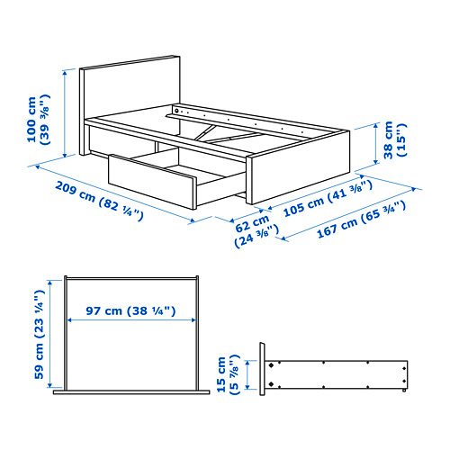 MALM bed frame, high, w 2 storage boxes