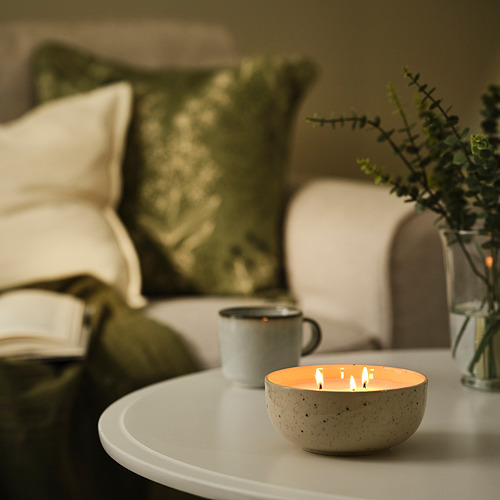 PÄRLHÖNA, scented candle/ceramic jar, 3 wicks