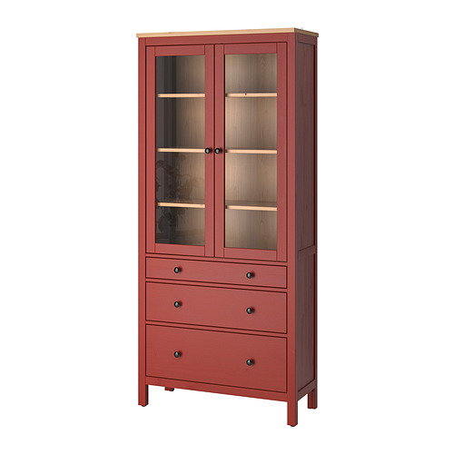 HEMNES, glass-door cabinet with 3 drawers