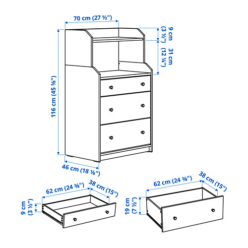 HAUGA chest of 3 drawers with shelf