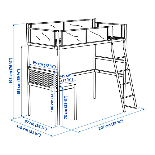 VITVAL loft bed frame with desk top