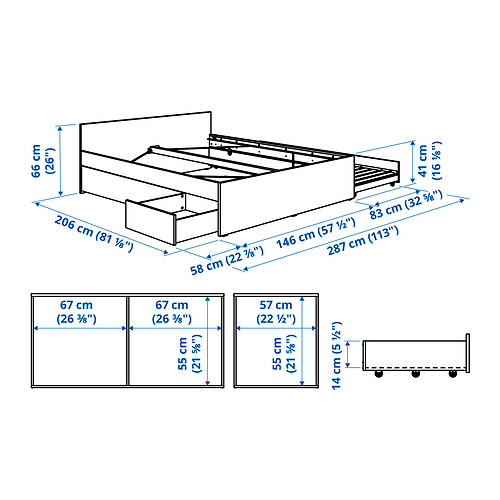 VIHALS rúmgrind, tvær hirslur/gestarúm