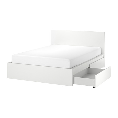 MALM, bed frame, high, w 2 storage boxes