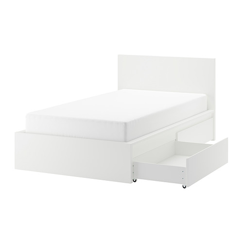 MALM, bed frame, high, w 2 storage boxes