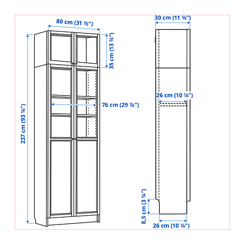 BILLY bookcase w hght ext ut/pnl/glss drs