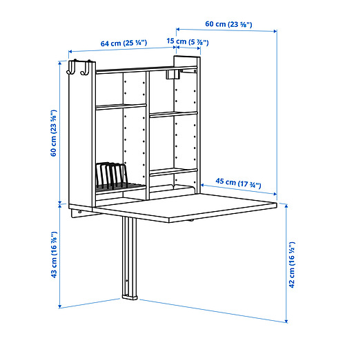 NORBERG wall-mount drop-leaf tbl w storage