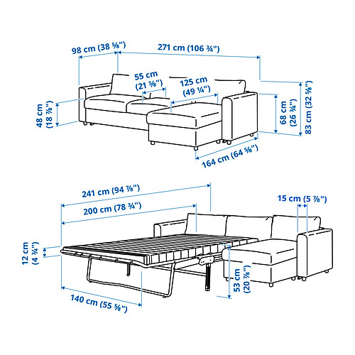 VIMLE þriggja sæta svefnsófi með legubekk