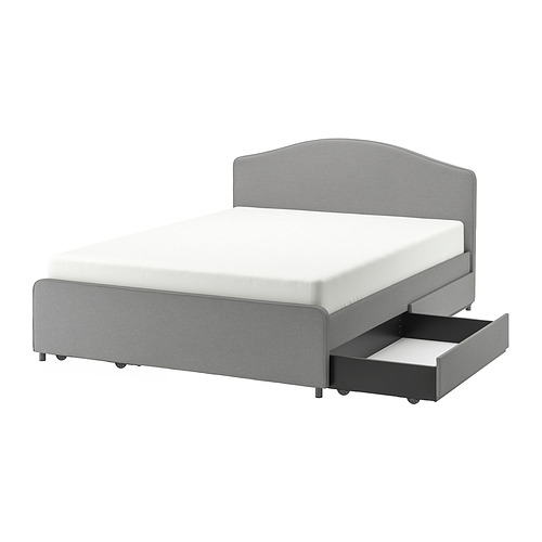 HAUGA, upholstered bed, 4 storage boxes