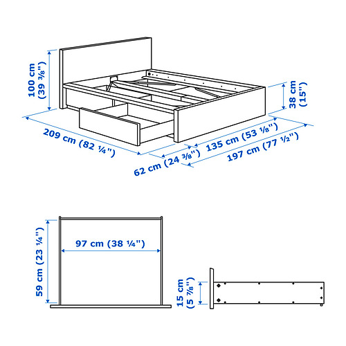 MALM bed frame, high, w 2 storage boxes