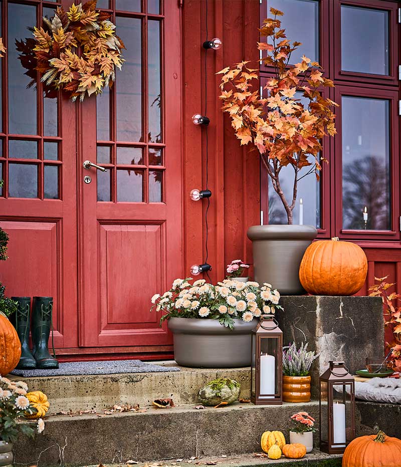 An autumn-themed outdoor staircase decorated with pumpkins and a door decorated with a HÖSTAGILLE artificial wreath.