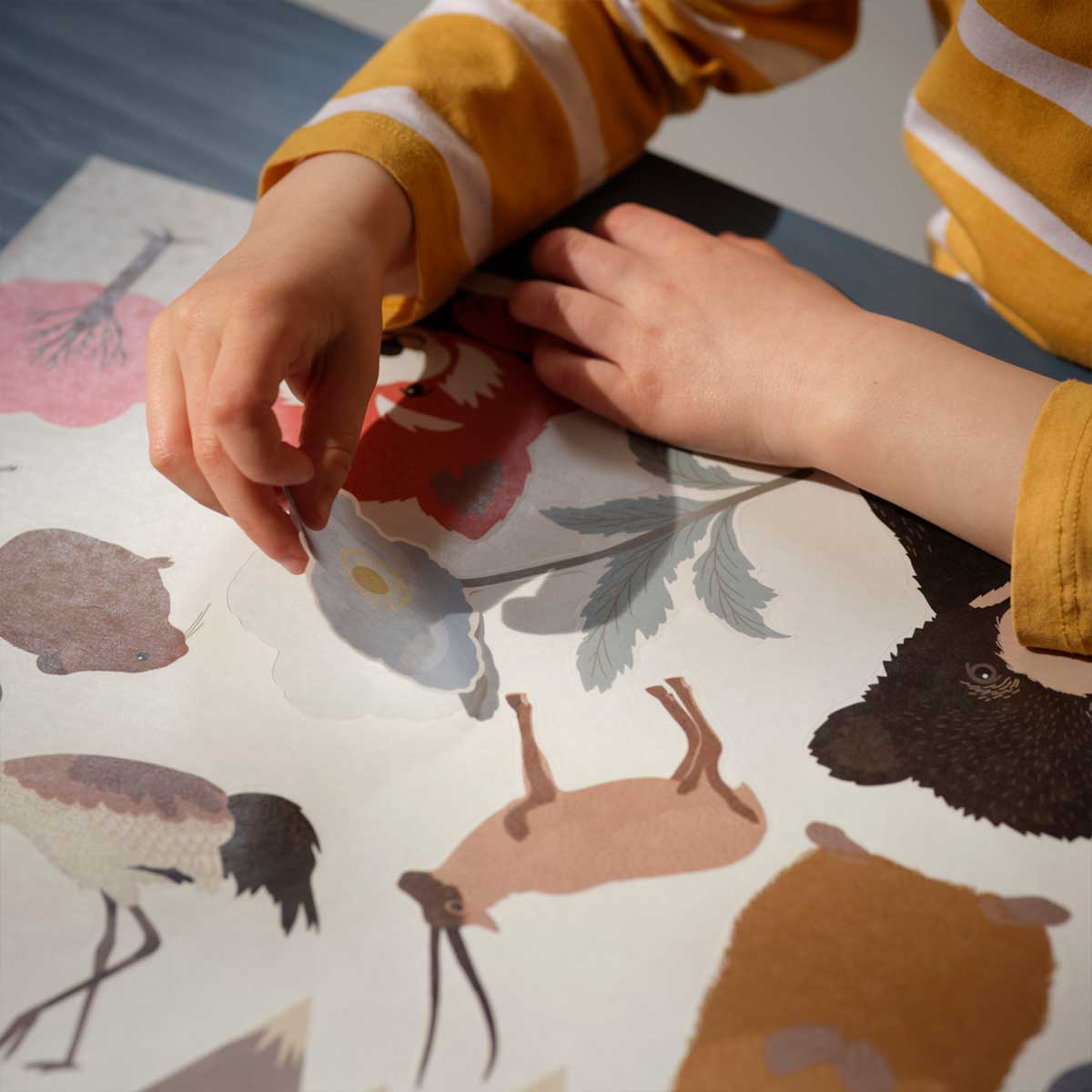A child pulls a blue flower ALPTALL decoration sticker off the sticker sheet.