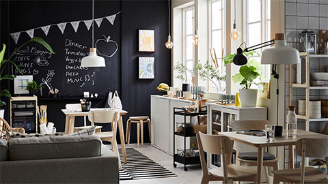 A cozy dining room with a Scandi cafe atmosphere
