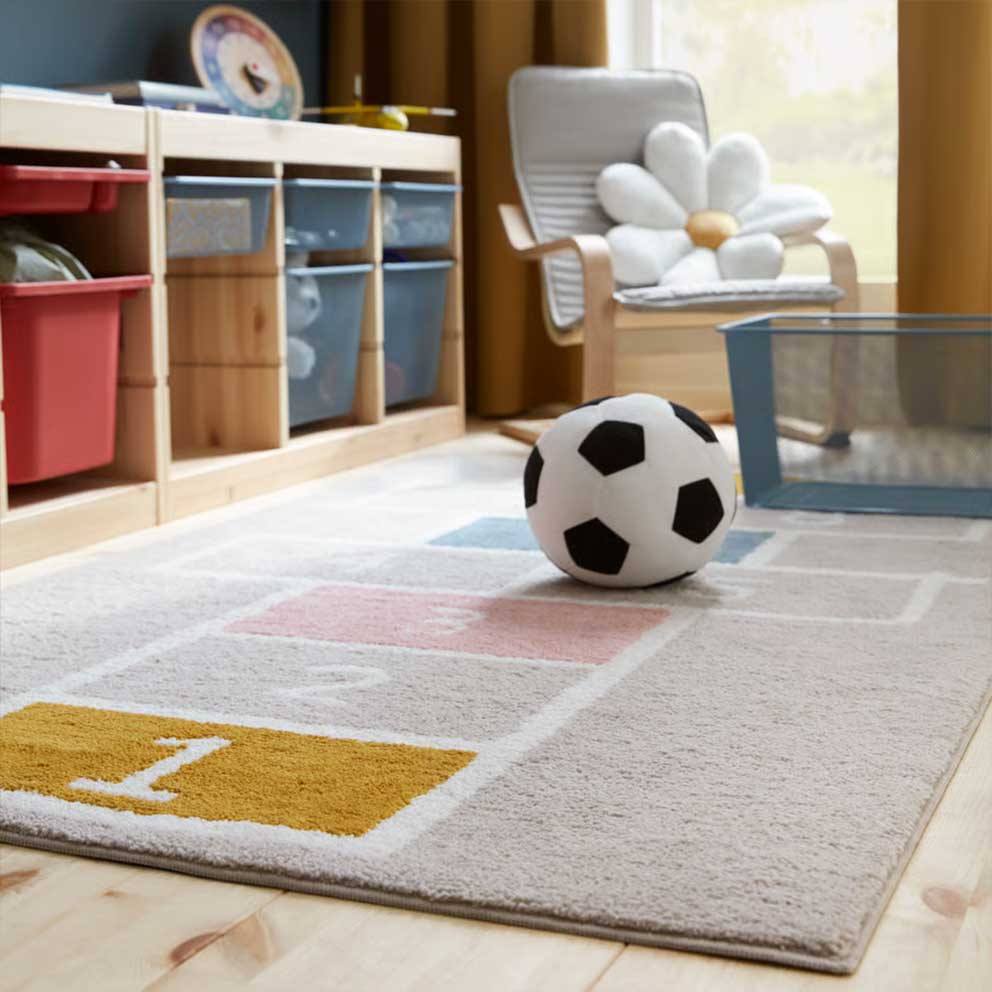 A STÄPPSVARV rug featuring a hopscotch  pattern placed in a children’s room with a  textile football and mesh storage units. 